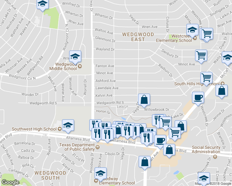 map of restaurants, bars, coffee shops, grocery stores, and more near 3740 Kelvin Avenue in Fort Worth