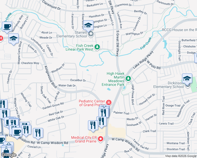 map of restaurants, bars, coffee shops, grocery stores, and more near 4815 Tarragon Lane in Grand Prairie