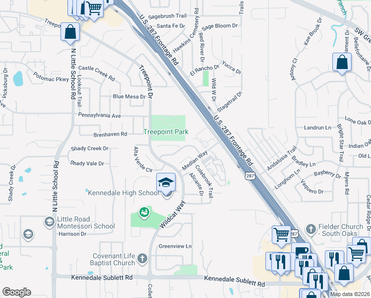 map of restaurants, bars, coffee shops, grocery stores, and more near 5821 Rock Meadow Trail in Arlington