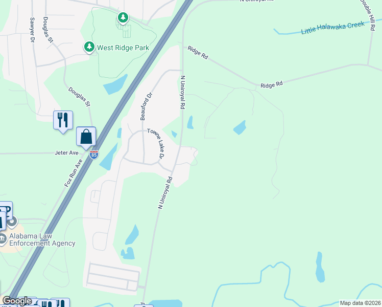map of restaurants, bars, coffee shops, grocery stores, and more near 831 North Uniroyal Road in Opelika