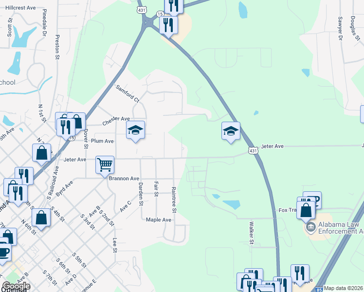 map of restaurants, bars, coffee shops, grocery stores, and more near 100 Woodrow Place in Opelika