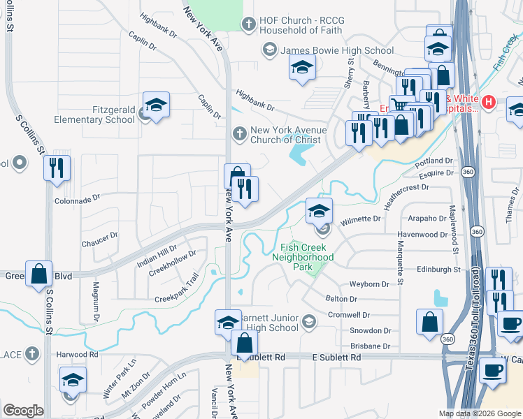 map of restaurants, bars, coffee shops, grocery stores, and more near 2001 Southeast Green Oaks Boulevard in Arlington