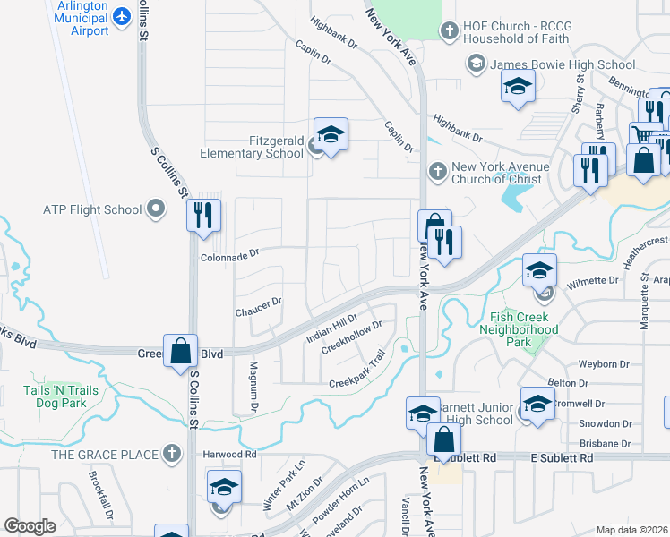 map of restaurants, bars, coffee shops, grocery stores, and more near 5515 Safari Trail in Arlington