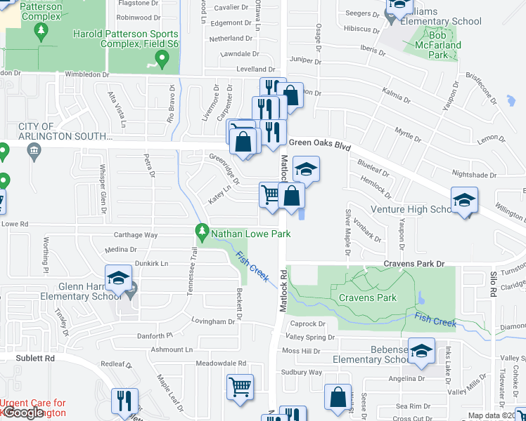 map of restaurants, bars, coffee shops, grocery stores, and more near 5503 Petalwood Drive in Arlington