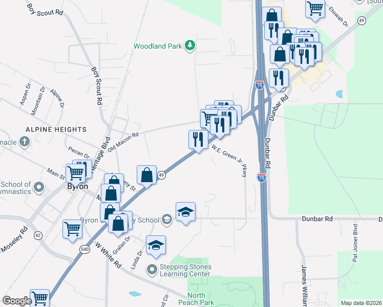 map of restaurants, bars, coffee shops, grocery stores, and more near 303 Highway 49 in Byron