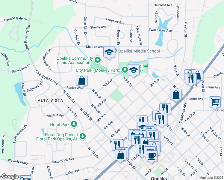 map of restaurants, bars, coffee shops, grocery stores, and more near 612 7th Avenue in Opelika