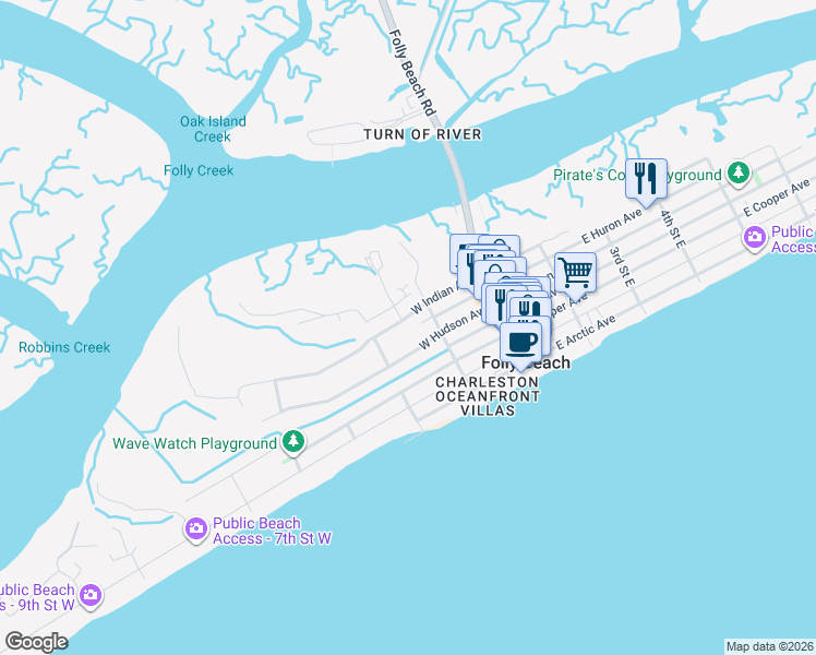 map of restaurants, bars, coffee shops, grocery stores, and more near 212 Sandbar Lane in Folly Beach