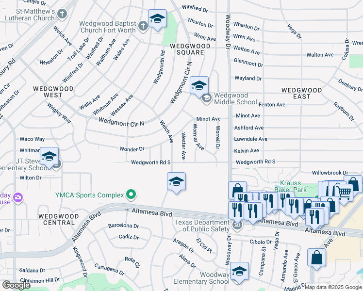 map of restaurants, bars, coffee shops, grocery stores, and more near 6020 Wester Avenue in Fort Worth