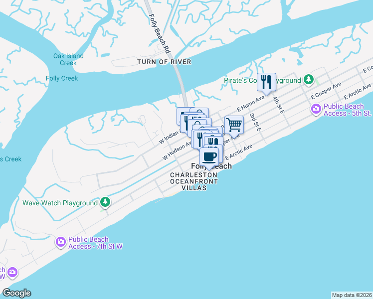map of restaurants, bars, coffee shops, grocery stores, and more near 105 West Hudson Avenue in Folly Beach