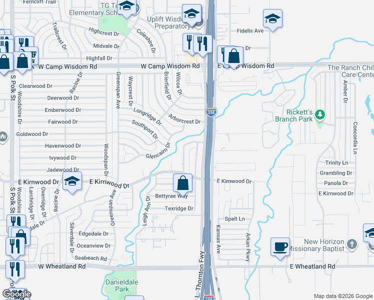 map of restaurants, bars, coffee shops, grocery stores, and more near 7536 Ryanridge Drive in Dallas
