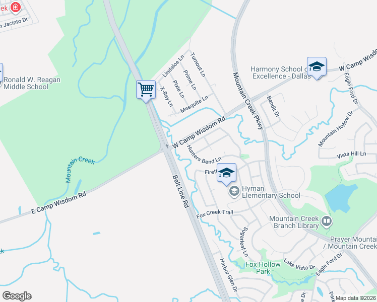 map of restaurants, bars, coffee shops, grocery stores, and more near 5509 Hunters Bend Lane in Dallas
