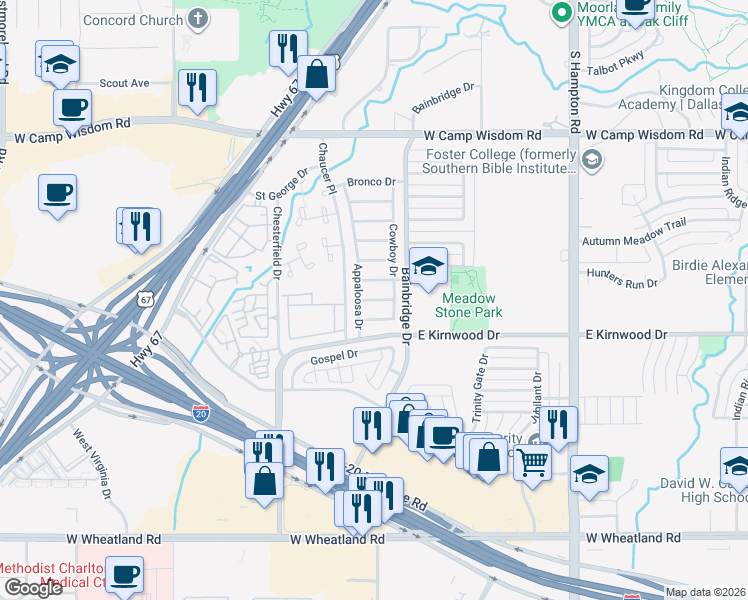 map of restaurants, bars, coffee shops, grocery stores, and more near Colt Lane in Dallas