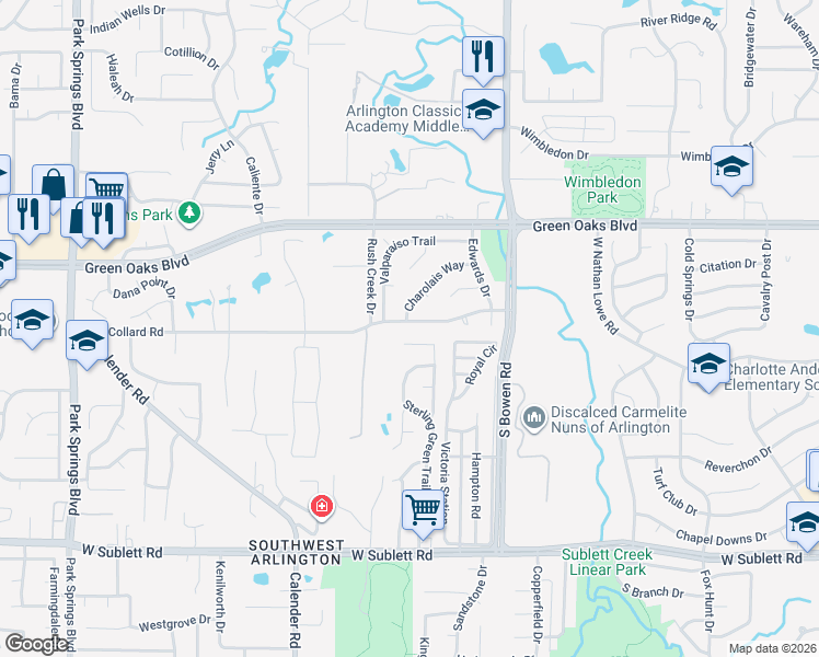 map of restaurants, bars, coffee shops, grocery stores, and more near 2625 Collard Road in Arlington