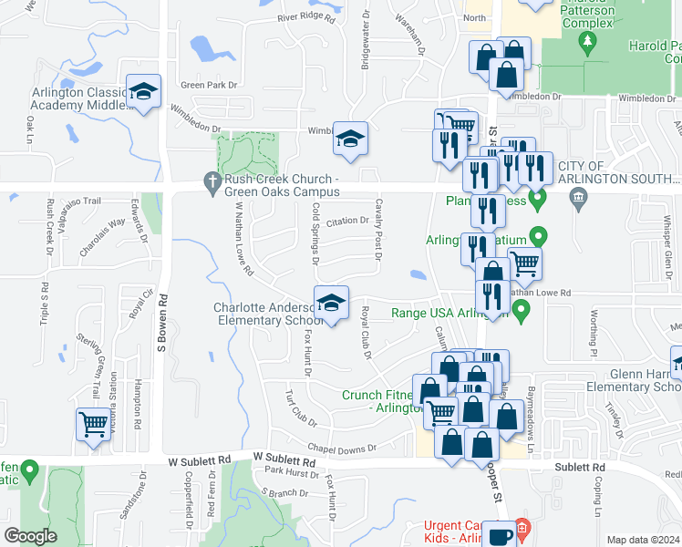 map of restaurants, bars, coffee shops, grocery stores, and more near 2117 Cold Springs Drive in Arlington