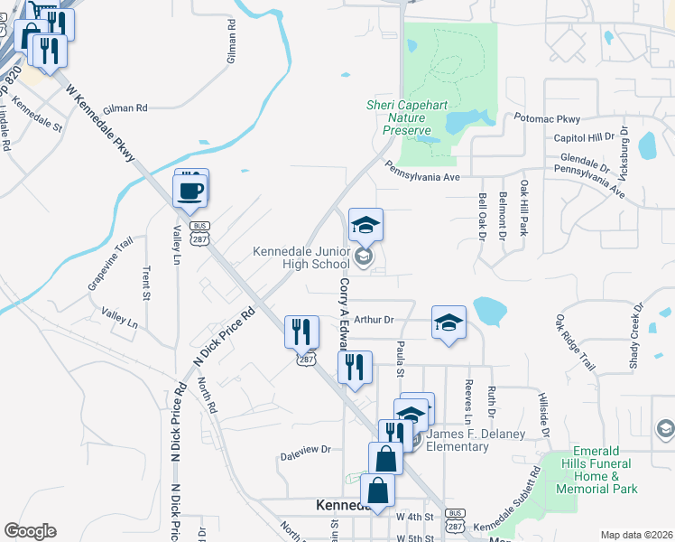 map of restaurants, bars, coffee shops, grocery stores, and more near 921 Corry A Edwards Drive in Kennedale