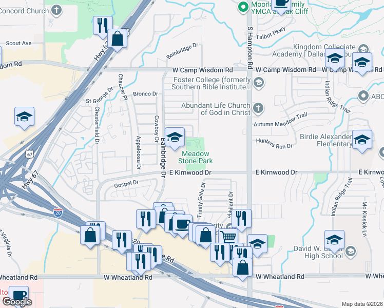 map of restaurants, bars, coffee shops, grocery stores, and more near 6928 Meadow Stone Lane in Dallas
