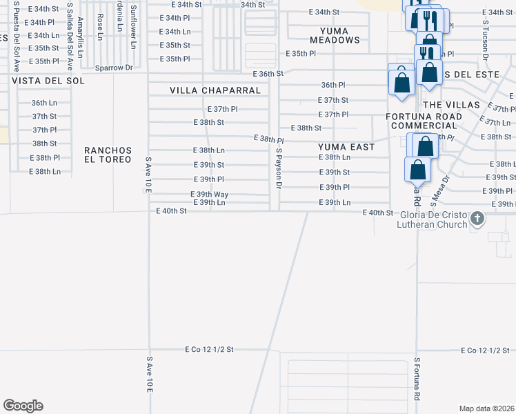 map of restaurants, bars, coffee shops, grocery stores, and more near 10398 East 39th Way in Yuma