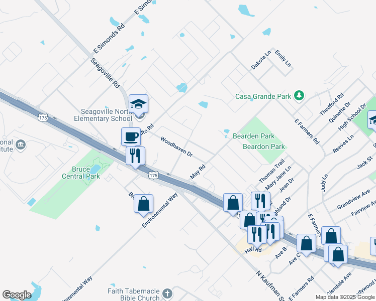 map of restaurants, bars, coffee shops, grocery stores, and more near 1620 Woodhaven Drive in Seagoville