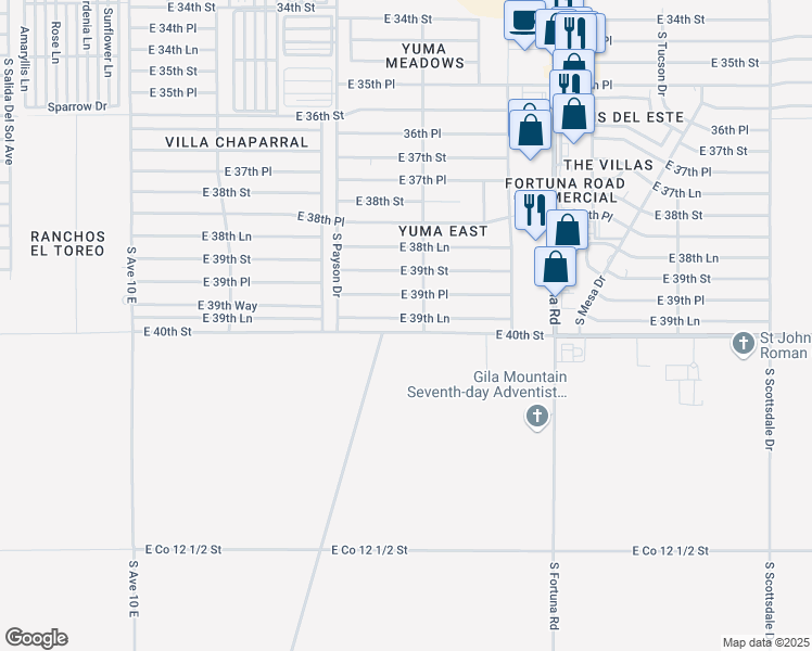 map of restaurants, bars, coffee shops, grocery stores, and more near 10629 East 39th Lane in Yuma