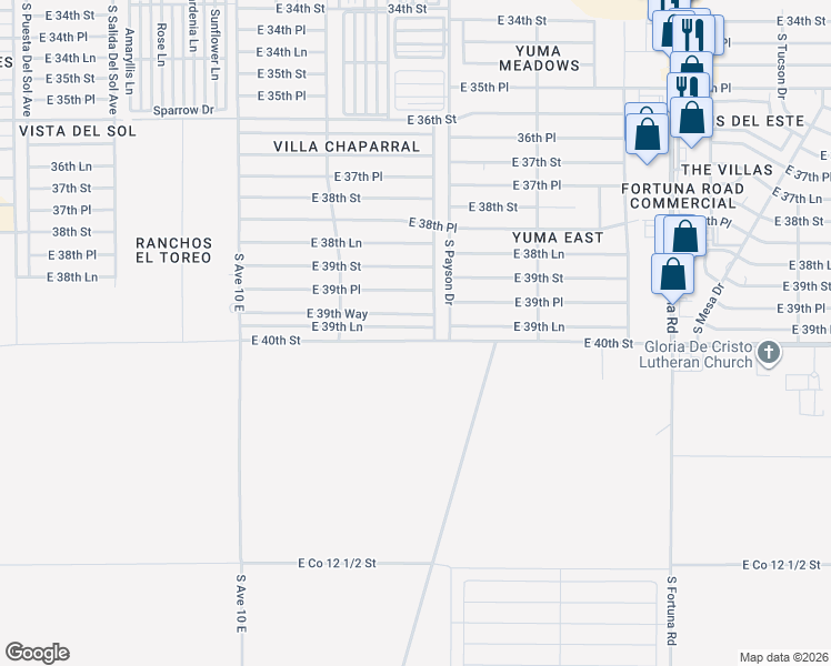 map of restaurants, bars, coffee shops, grocery stores, and more near 10398 East 39th Way in Yuma