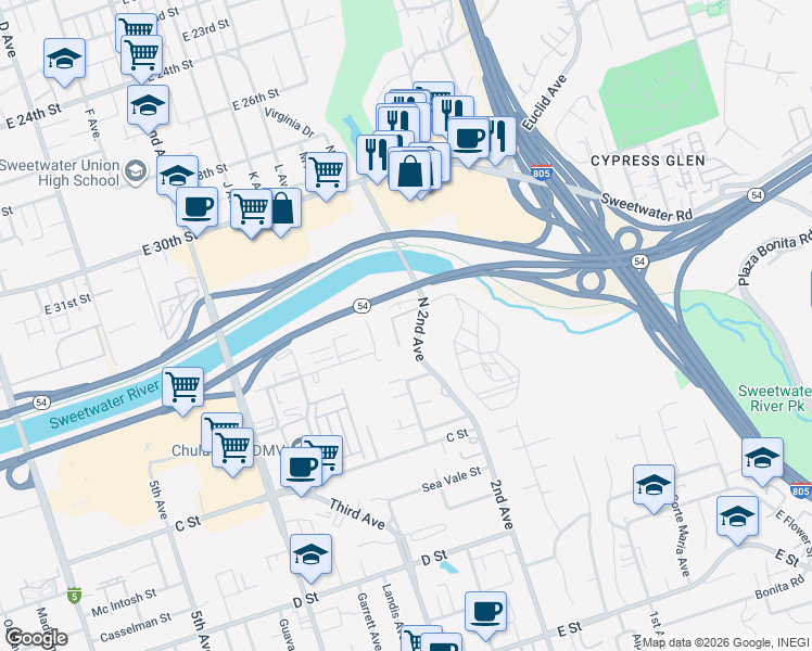map of restaurants, bars, coffee shops, grocery stores, and more near 110 North 2nd Avenue in Chula Vista