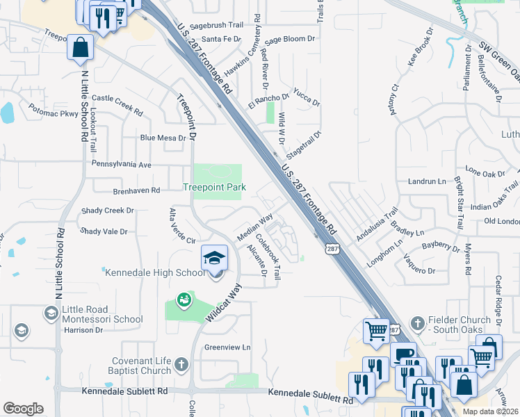 map of restaurants, bars, coffee shops, grocery stores, and more near 3500 Median Way in Arlington
