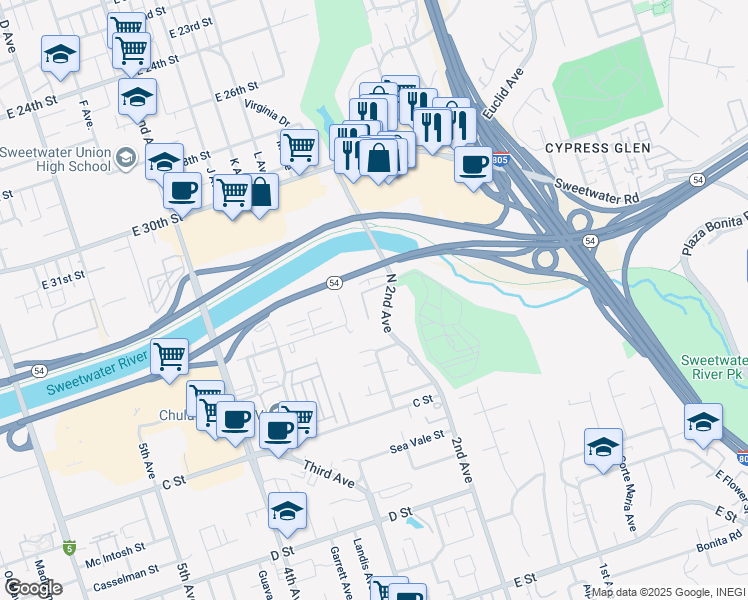 map of restaurants, bars, coffee shops, grocery stores, and more near 110 North 2nd Avenue in Chula Vista