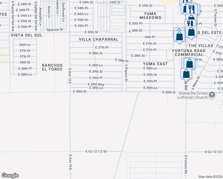 map of restaurants, bars, coffee shops, grocery stores, and more near 10391 East 39th Lane in Yuma