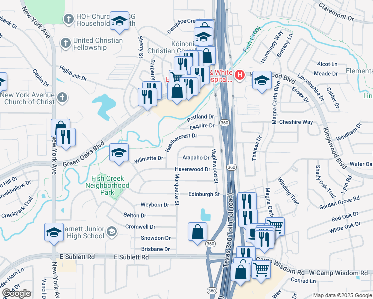 map of restaurants, bars, coffee shops, grocery stores, and more near 2404 Rock Haven Street in Arlington