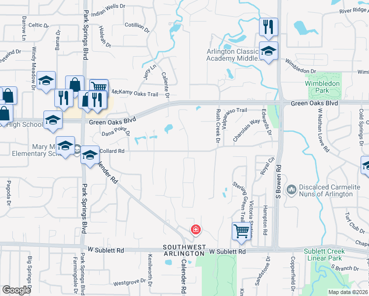 map of restaurants, bars, coffee shops, grocery stores, and more near 5510 Moorewood Drive in Arlington