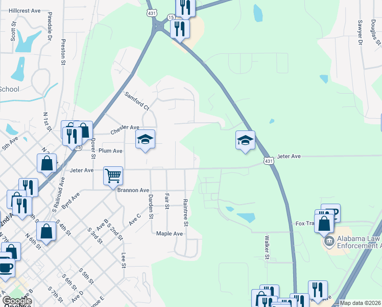 map of restaurants, bars, coffee shops, grocery stores, and more near 100 Woodrow Place in Opelika