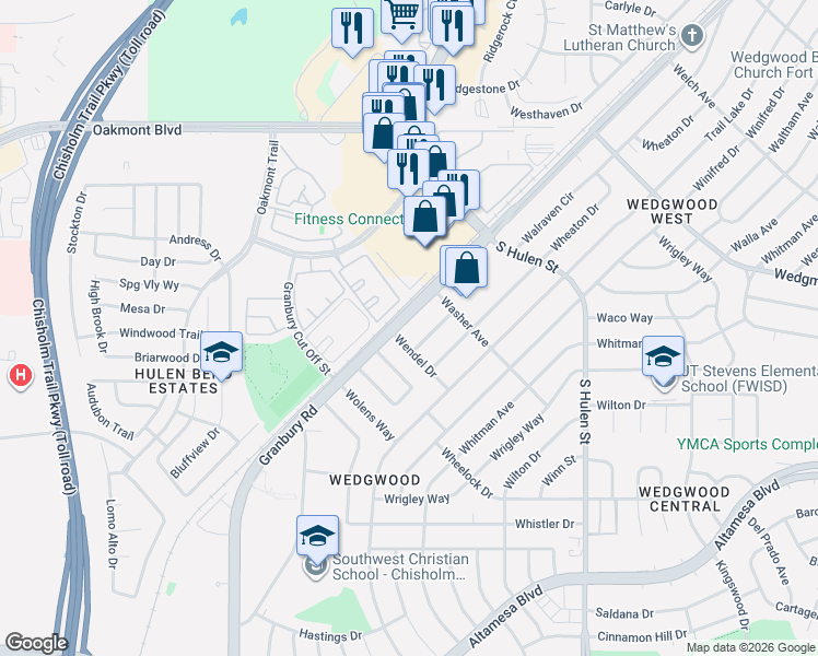 map of restaurants, bars, coffee shops, grocery stores, and more near 6319 Granbury Road in Fort Worth