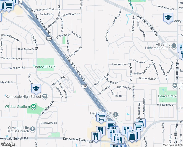 map of restaurants, bars, coffee shops, grocery stores, and more near 5601 Chimney Rock Drive in Arlington