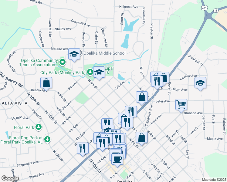 map of restaurants, bars, coffee shops, grocery stores, and more near 501 North 4th Street in Opelika