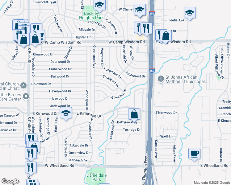 map of restaurants, bars, coffee shops, grocery stores, and more near 416 Goldwood Drive in Dallas