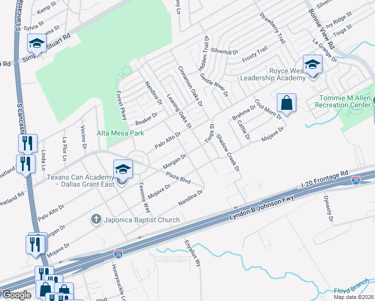 map of restaurants, bars, coffee shops, grocery stores, and more near 3205 Morgan Drive in Dallas