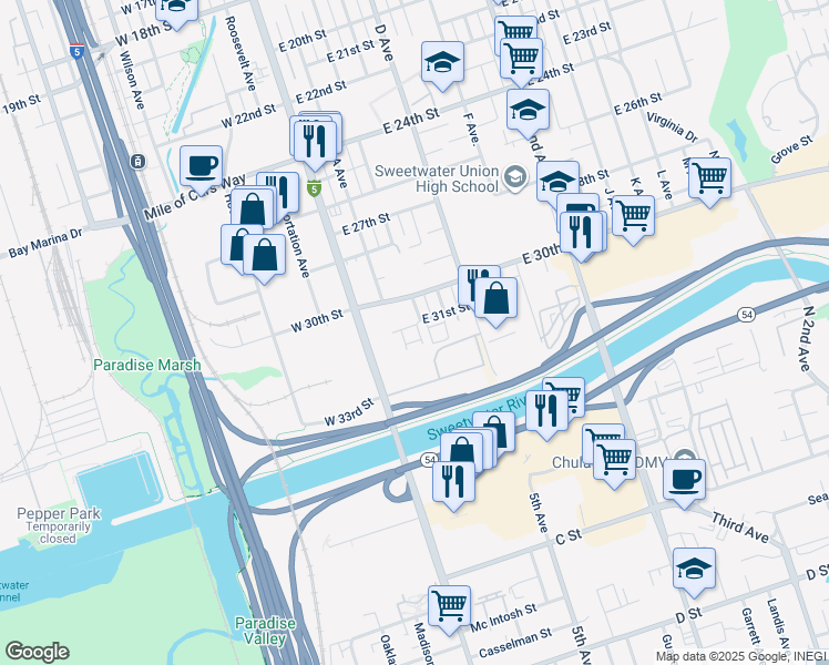 map of restaurants, bars, coffee shops, grocery stores, and more near 120 East 31st Street in National City