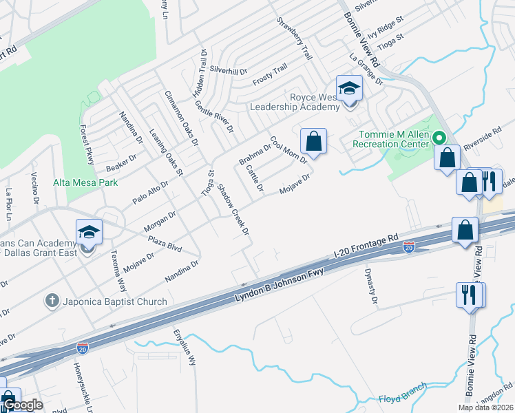 map of restaurants, bars, coffee shops, grocery stores, and more near 6661 Happy Trails Drive in Dallas