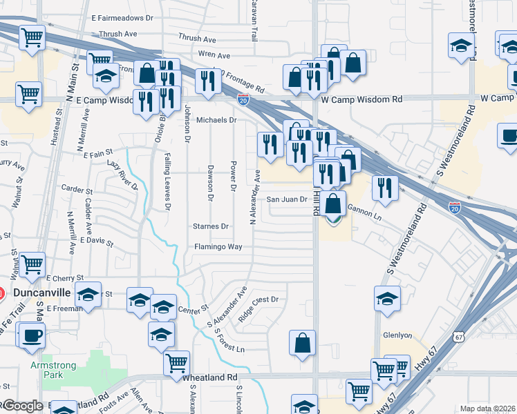 map of restaurants, bars, coffee shops, grocery stores, and more near 435 North Alexander Avenue in Duncanville