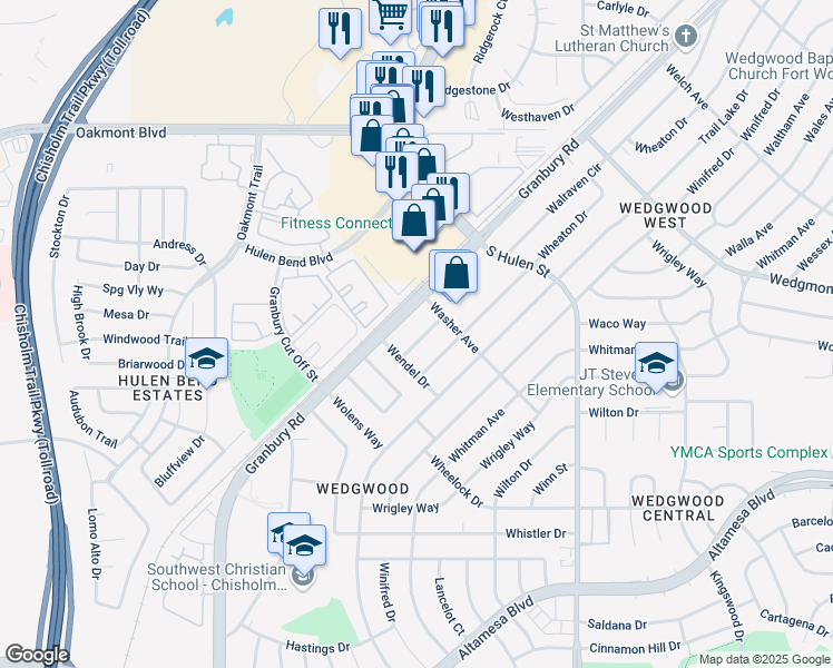map of restaurants, bars, coffee shops, grocery stores, and more near 6319 Granbury Road in Fort Worth