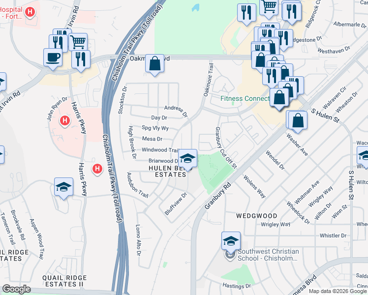 map of restaurants, bars, coffee shops, grocery stores, and more near 6420 Greenbriar Lane in Fort Worth