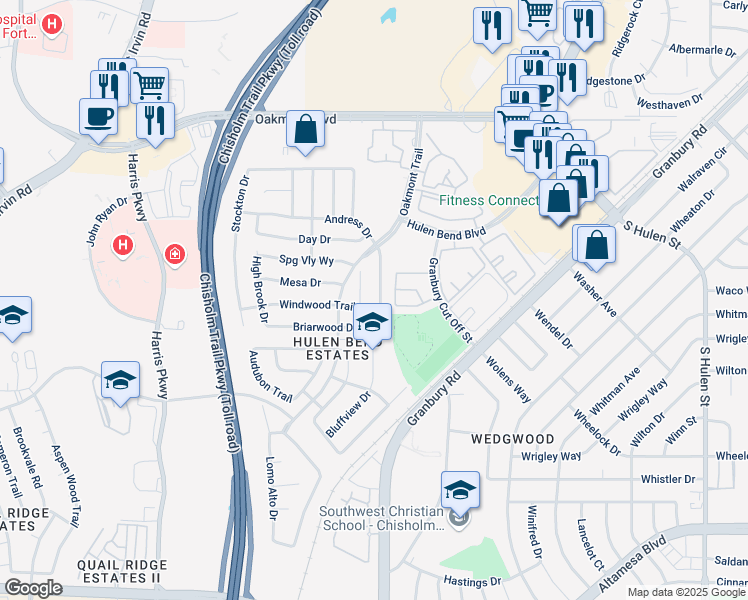 map of restaurants, bars, coffee shops, grocery stores, and more near 6420 Greenbriar Lane in Fort Worth