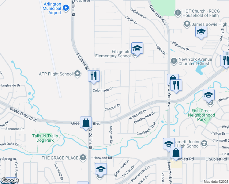map of restaurants, bars, coffee shops, grocery stores, and more near 1416 Colonnade Drive in Arlington