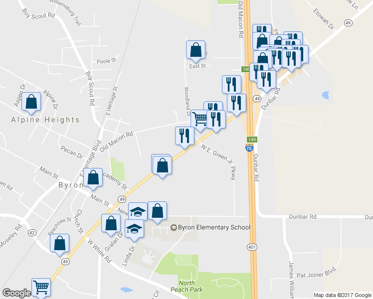 map of restaurants, bars, coffee shops, grocery stores, and more near 313 Hwy 49 in Byron