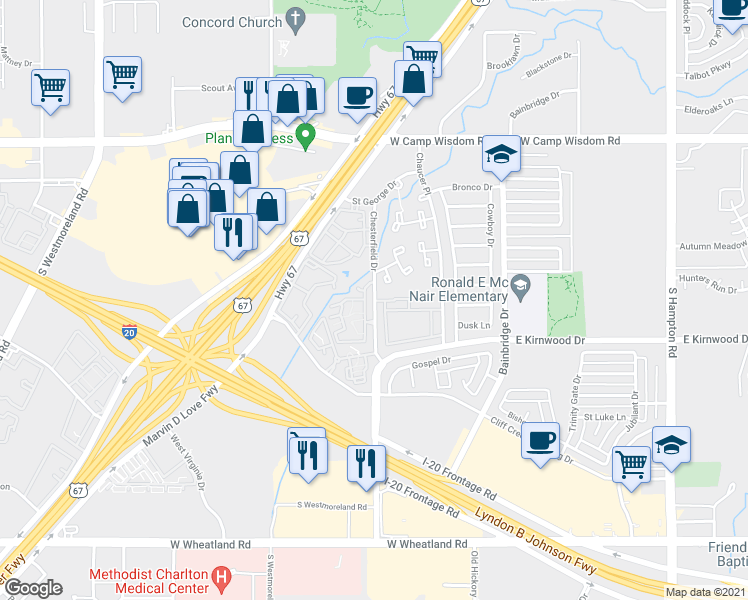 map of restaurants, bars, coffee shops, grocery stores, and more near 7441 Chesterfield Drive in Dallas