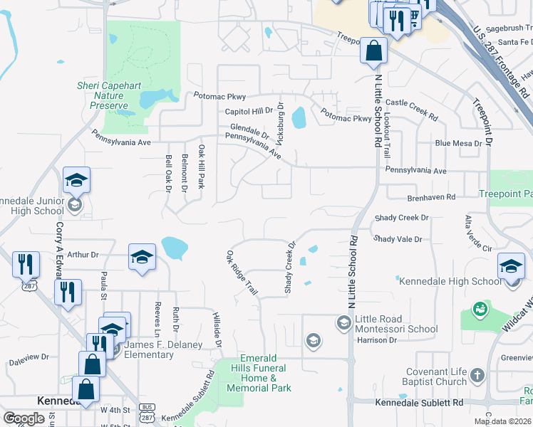 map of restaurants, bars, coffee shops, grocery stores, and more near 1007 Oakridge Court in Kennedale