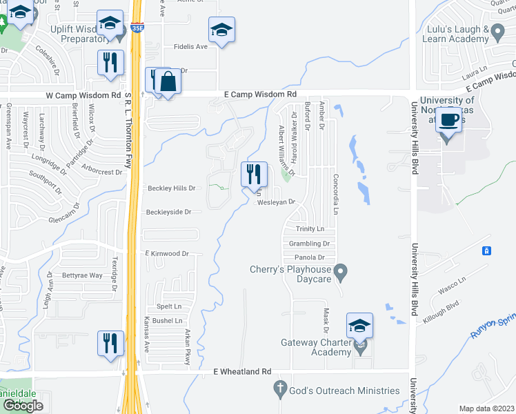 map of restaurants, bars, coffee shops, grocery stores, and more near 7506 Wesleyan Drive in Dallas