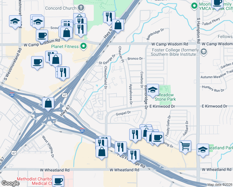 map of restaurants, bars, coffee shops, grocery stores, and more near 7575 Chaucer Place in Dallas
