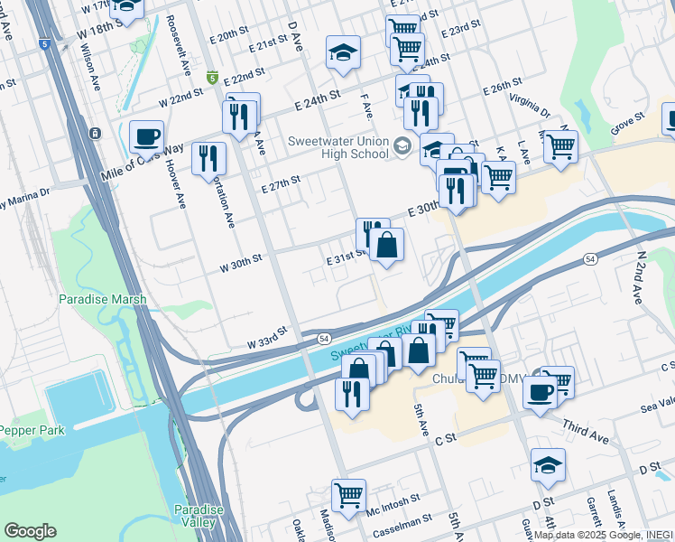 map of restaurants, bars, coffee shops, grocery stores, and more near 240 East 31st Street in National City