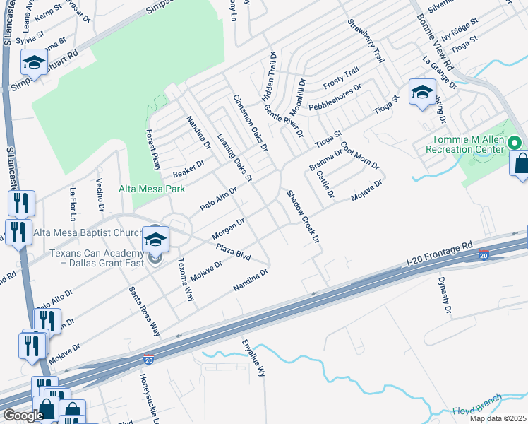 map of restaurants, bars, coffee shops, grocery stores, and more near 6603 Leaning Oaks Street in Dallas
